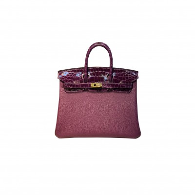 HERMÈS MASTER BIRKIN 25 CROCODILE AND TOGO LEATHER GRAPE PURPLE GOLD BUCKLE H076216CK43 (25*20*13cm)